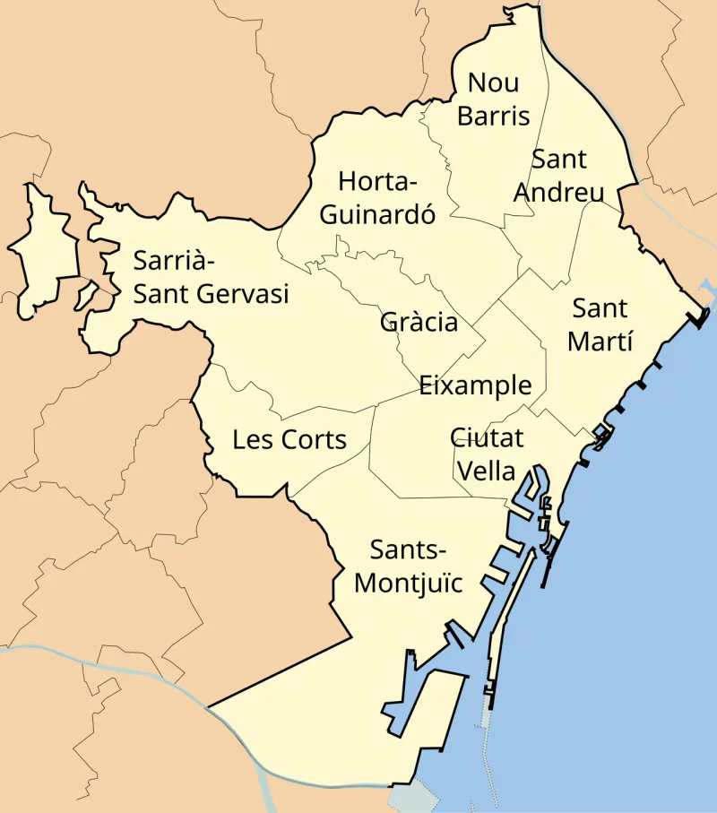 Mapa de los distritos de Barcelona con las zonas clave para fisioterapeutas: Eixample, Sarrià-Sant Gervasi, Poblenou, Gràcia, L'Hospitalet, Badalona