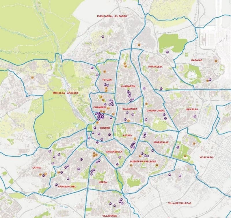 Mapa de los distritos de Madrid con las zonas clave para fisioterapeutas: Salamanca, Chamberí, Arganzuela, Pozuelo, Vallecas, Alcobendas