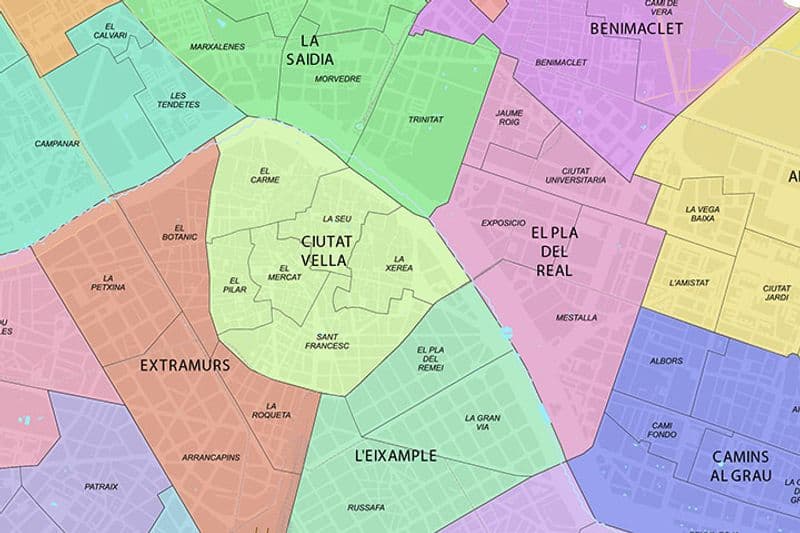 Mapa de los distritos de Valencia con las zonas clave para fisioterapeutas: Eixample, Benimaclet, Ruzafa, Poblats Marítims, Patraix, L'Horta Nord